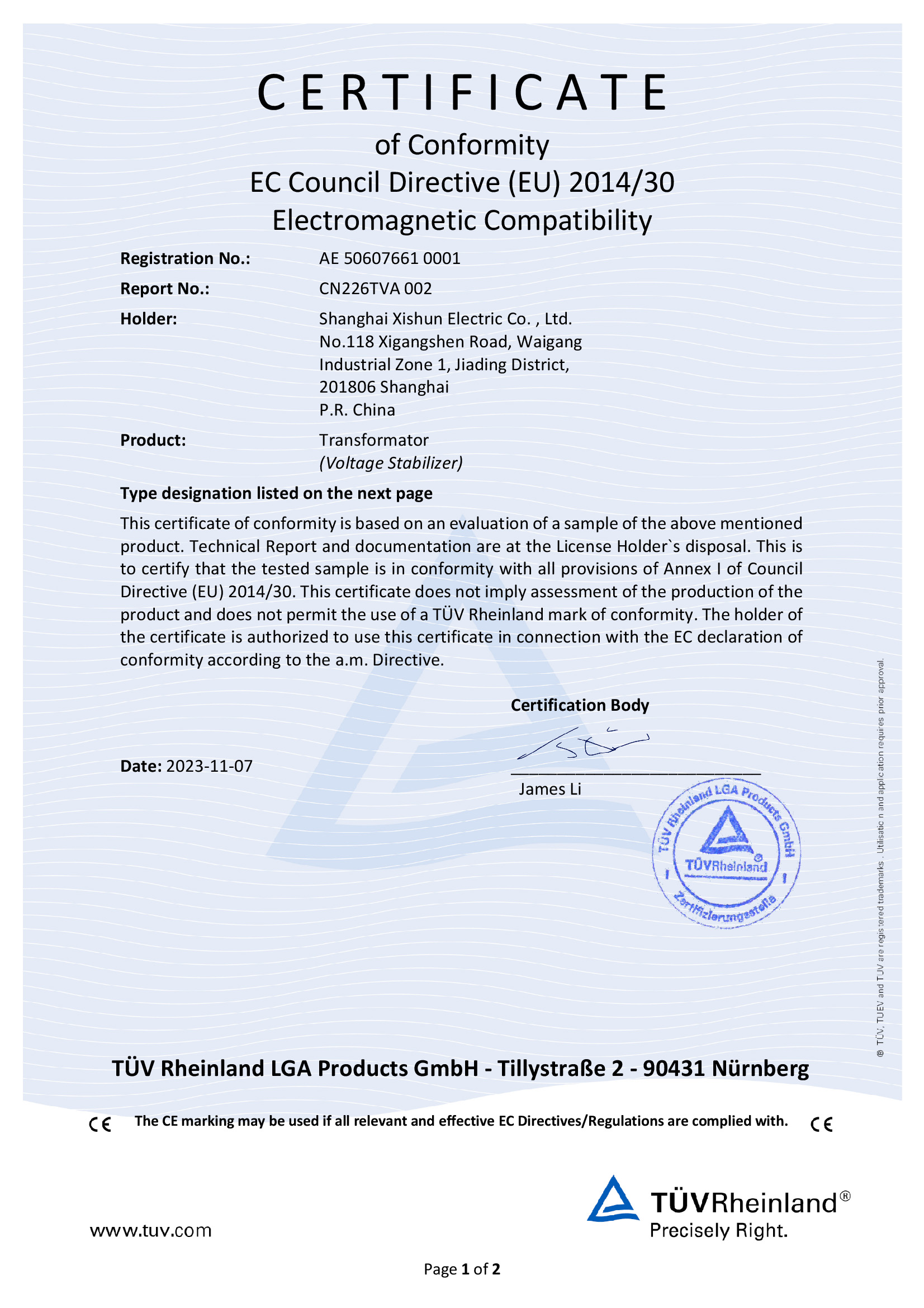 Voltage Stabilizer CE Certificate
